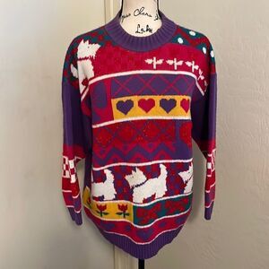 Vintage Rose Dog Flowers Heart Multi Color Print Pullover Sweater Kitschy